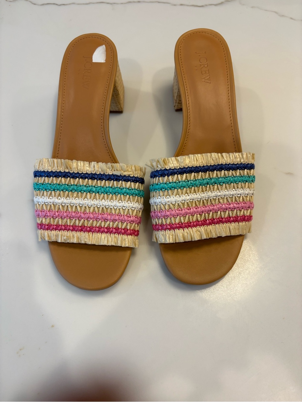 J.Crew sandals 10 NEW Womens Rainbow Striped Raffia Fringe Block Heel Mules Tan
